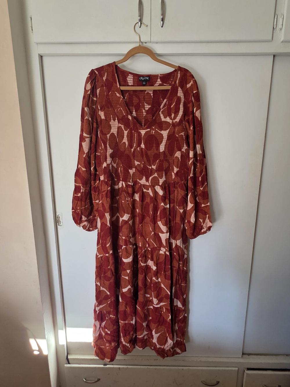 City Chic Burnt Orange & Cream Leaf-Print Maxi Dress